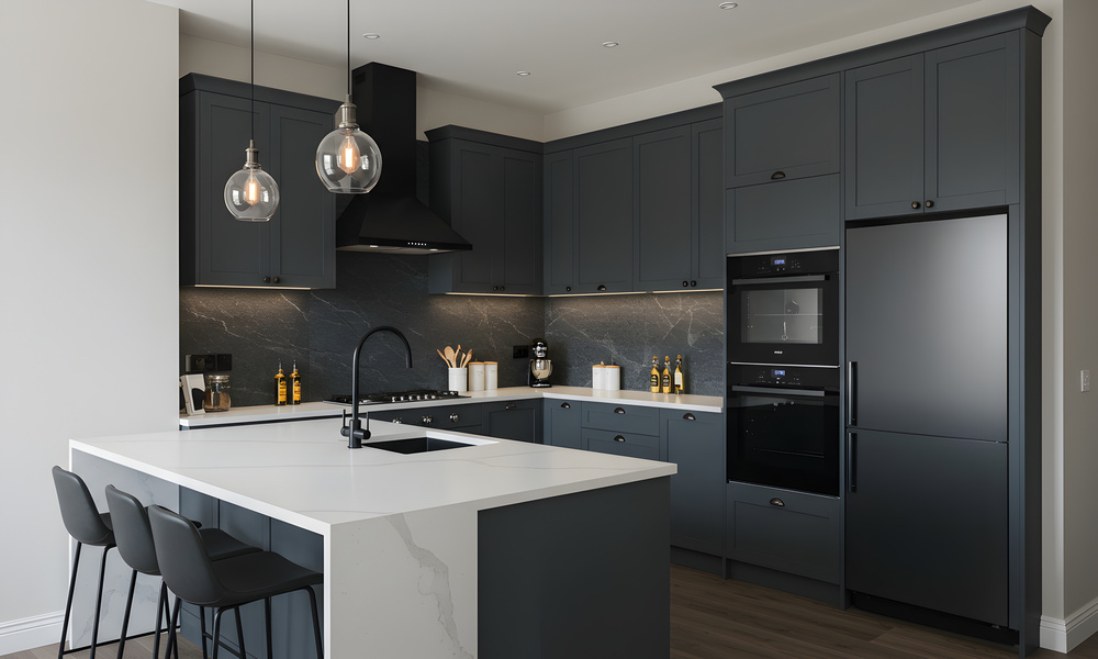 Elegant Modern Kitchen Design With Dark Cabinets And Quartz Countertops